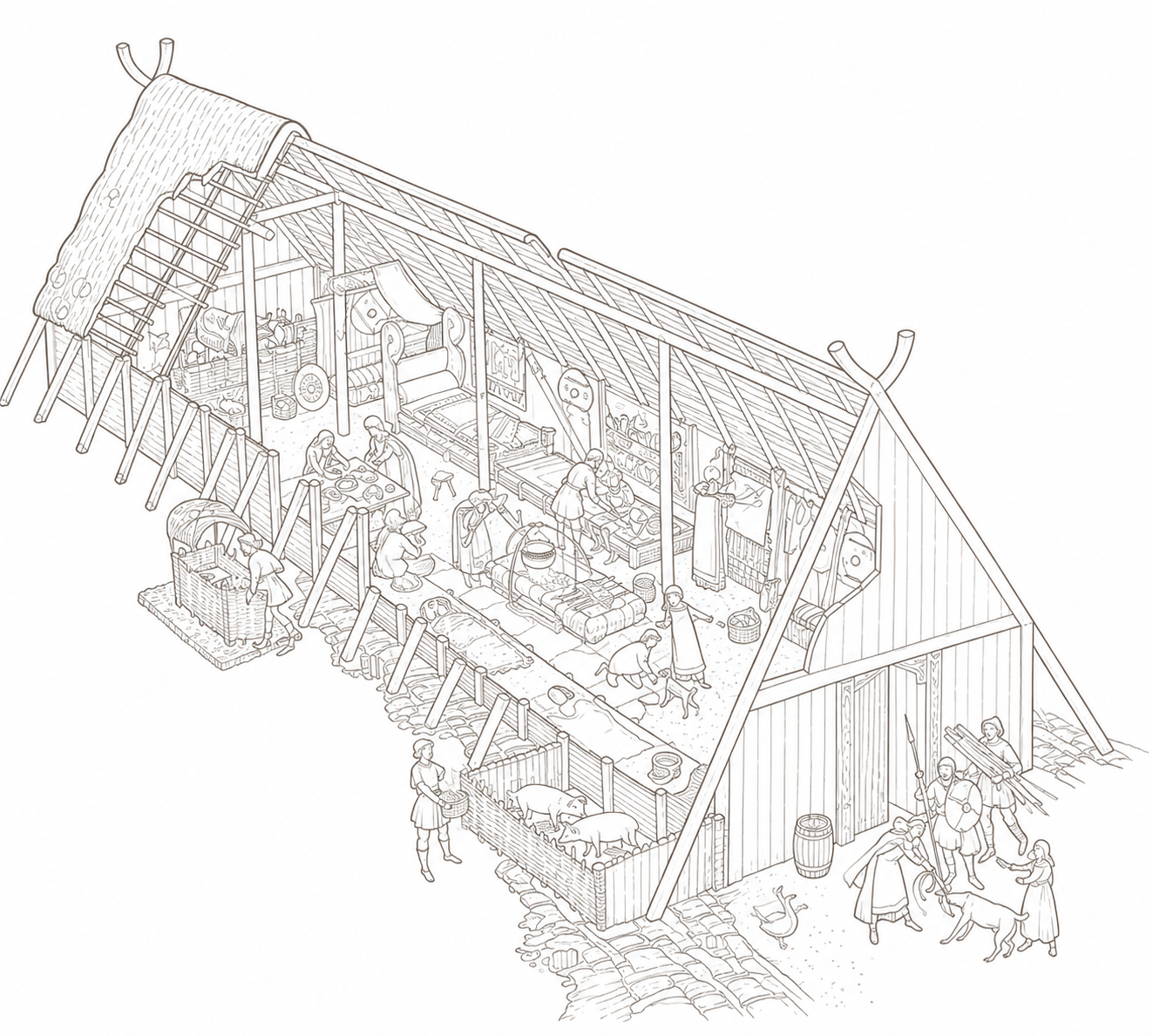 Longhouse historical interior illustration